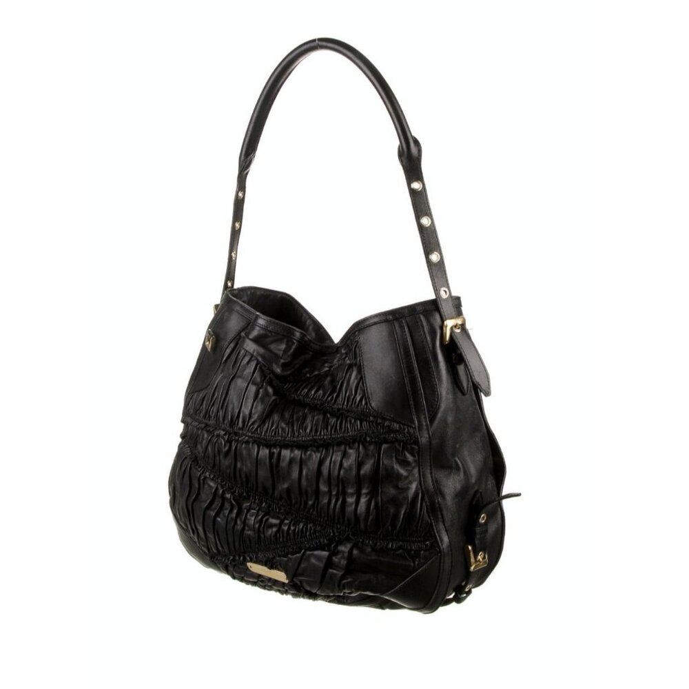 Burberry Black Lambskin Leather Pleated Hobo Bag Gold Hardware Detachable Strap